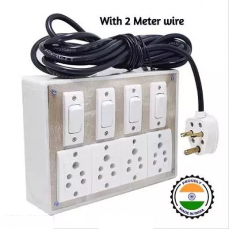 PVC Plastic Switch Board/Extension Board for home 4- Switch , 4- Plug , 2 meter Wire with 1 Atteched 3 Pin Power Plug