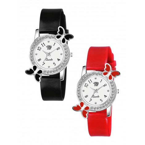 Women Set Of 2 Embellished Dial and Straps Analogue Watch 2 BF BLACK RED