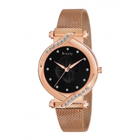 Women Black Brass Dial Rose Gold Toned Stainless Steel Analogue Watch