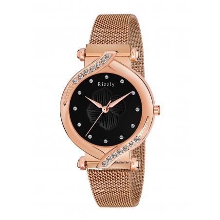 Women Black Brass Dial Rose Gold Toned Stainless Steel Analogue Watch